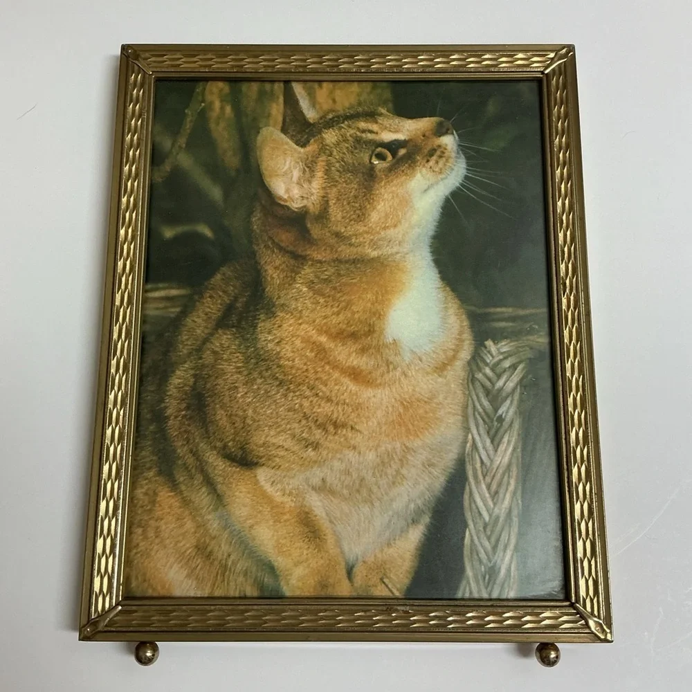 Vintage Gold Metal Picture Frame 8x10 Cat Print Standing Easel Ball Feet 60s MCM